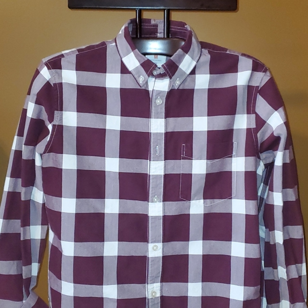 Maroon and white button down shirt